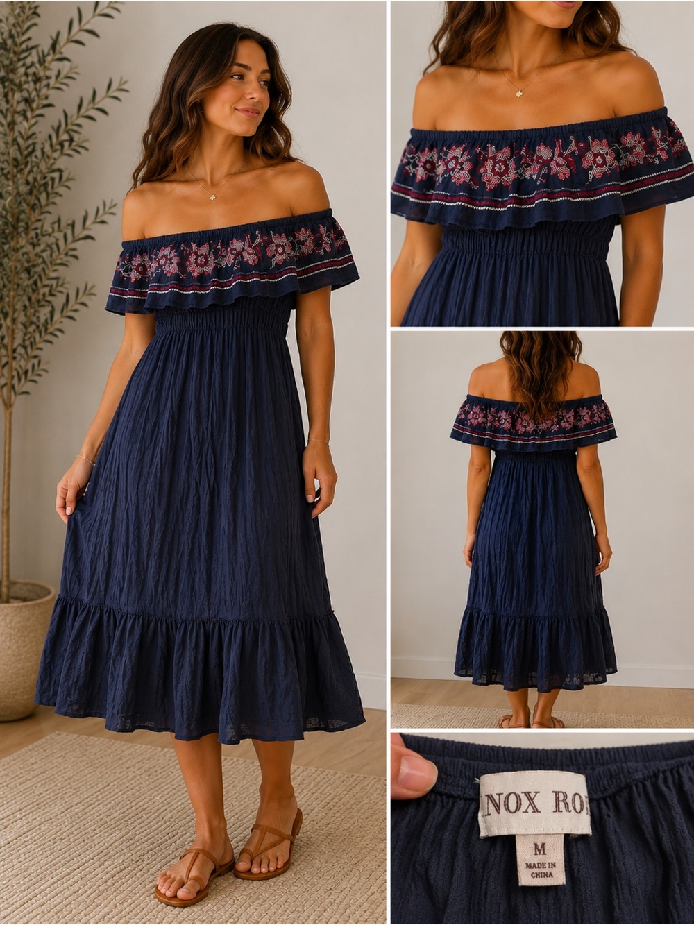 Navy Blue Off Shoulder Embroidered Boho Midi Dress Size M